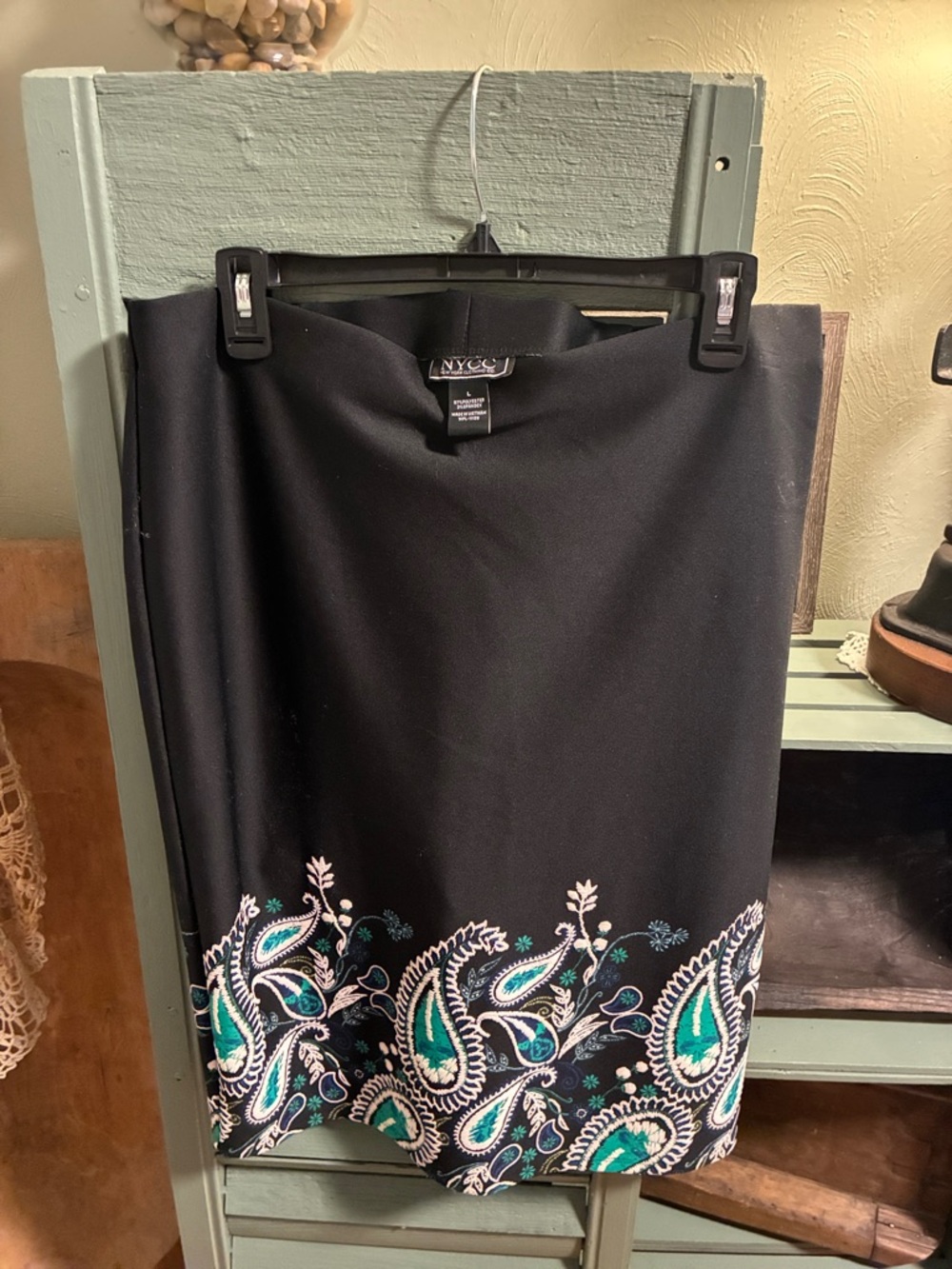 New York & Company Black Skirt with Teal and White Paisley Hem